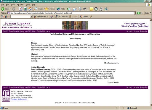 Figure 5: Abstract and author biography for History of the Presbyterian Church in New Bern, N.C. (1886).