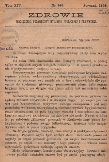 Zdrowie: miesięcznik poświęcony hygienie publicznej i prywatnej 1898, T. XIV, nr 148