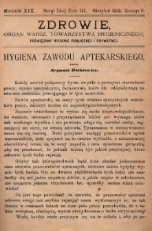 Zdrowie: organ Warsz. Towarzystwa Hygienicznego, poświęcony hygienie publicznej i prywatnej 1903, R. XIX, T. III, z. 8