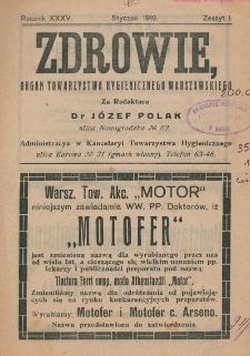 Zdrowie: organ Warsz. Towarzystwa Hygienicznego, poświęcony hygienie publicznej i prywatnej 1919, R. XXXV, z. 1