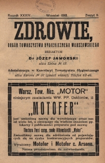 Zdrowie: organ Warsz. Towarzystwa Hygienicznego, poświęcony hygienie publicznej i prywatnej 1918, R. XXXIV, z. 9