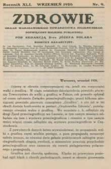 Zdrowie: organ Warsz. Towarzystwa Hygienicznego, poświęcony hygienie publicznej 1926, R. XLI, nr 9