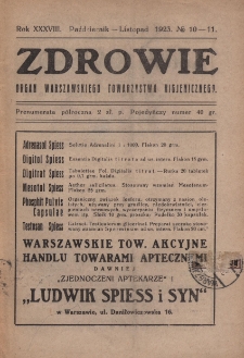 Zdrowie: organ Warsz. Towarzystwa Hygienicznego, poświęcony hygienie publicznej i prywatnej 1923, R. XXXVIII, nr 10-11