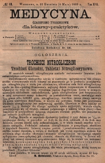 Medycyna : czasopismo tygodniowe dla lekarzy praktyk&oacute;w 1889, T. XVII, nr 18