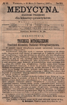 Medycyna : czasopismo tygodniowe dla lekarzy praktyk&oacute;w 1889, T. XVII, nr 22
