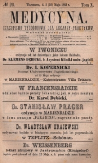 Medycyna : czasopismo tygodniowe dla lekarzy praktyk&oacute;w 1882, T. X, nr 20