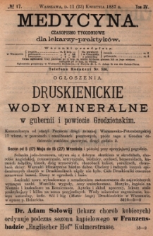 Medycyna : czasopismo tygodniowe dla lekarzy praktyk&oacute;w 1887, T.XV, nr 17