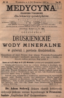 Medycyna : czasopismo tygodniowe dla lekarzy praktyk&oacute;w 1887, T.XV, nr 16
