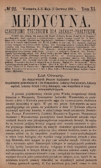 Medycyna : czasopismo tygodniowe dla lekarzy praktyk&oacute;w 1883, T. XI, nr 22