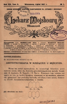 Lekarz wojskowy : miesięcznik organ oficer&oacute;w korpusu sanitarnego sł. czynnej i rezerwy 1927, R. VIII, T. X, nr 1