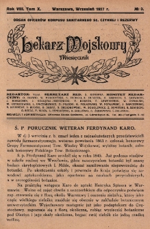 Lekarz wojskowy : miesięcznik organ oficer&oacute;w korpusu sanitarnego sł. czynnej i rezerwy 1927, R. VIII, T. X, nr 3