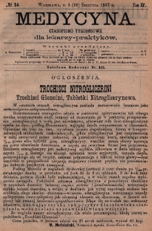 Medycyna : czasopismo tygodniowe dla lekarzy praktyk&oacute;w 1887, T.XV, nr 34
