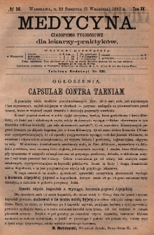Medycyna : czasopismo tygodniowe dla lekarzy praktyk&oacute;w 1887, T.XV, nr 36