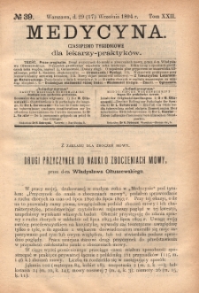 Medycyna : czasopismo tygodniowe dla lekarzy praktyk&oacute;w 1894, T. XXII, nr 39