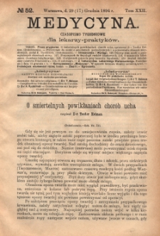 Medycyna : czasopismo tygodniowe dla lekarzy praktyk&oacute;w 1894, T. XXII, nr 52