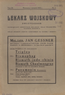 Lekarz wojskowy: dwutygodnik poświęcony medycynie, higjenie oraz wojskowej służbie zdrowia, organ oficer&oacute;w korpusu sanitarnego sł. czynnej i rezerwy 1932, R. XIII, T. XX, nr 3