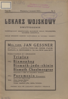 Lekarz wojskowy: dwutygodnik poświęcony medycynie, higjenie oraz wojskowej służbie zdrowia, organ oficer&oacute;w korpusu sanitarnego sł. czynnej i rezerwy 1932, R. XIII, T. XX, nr 5