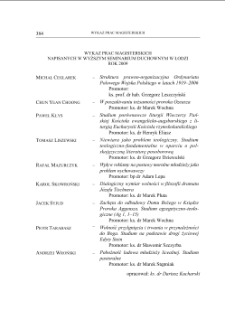 WYKAZ PRAC MAGISTERSKICH NAPISANYCH W WYŻSZYM SEMINARIUM DUCHOWNYM W ŁODZI