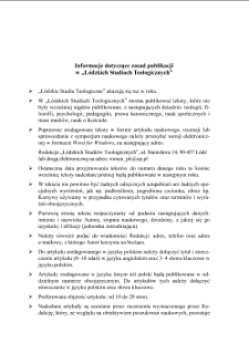 Informacje dotyczące zasad publikacji w „Łódzkich Studiach Teologicznych”