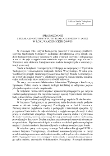 SPRAWOZDANIE Z DZIAŁALNOŚCI INSTYTUTU TEOLOGICZNEGO W ŁODZI W ROKU AKADEMICKIM 2009/10