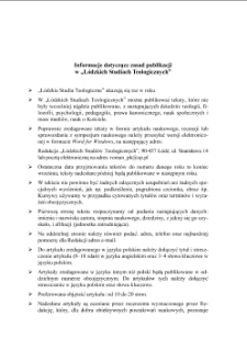 Informacje dotyczące zasad publikacji w „Łódzkich Studiach Teologicznych”