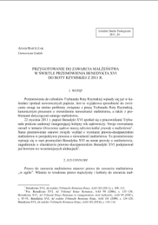 PRZYGOTOWANIE DO ZAWARCIA MAŁŻEŃSTWA W ŚWIETLE PRZEM&Oacute;WIENIA BENEDYKTA XVI DO ROTY RZYMSKIEJ Z 2011 R.
