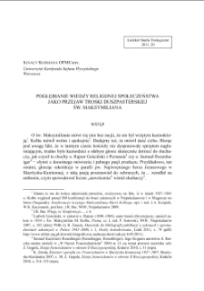 POGŁĘBIANIE WIEDZY RELIGIJNEJ SPOŁECZEŃSTWA JAKO PRZEJAW TROSKI DUSZPASTERSKIEJ ŚW. MAKSYMILIANA
