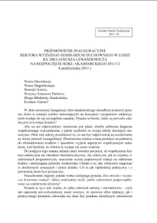 PRZEMÓWIENIE INAUGURACYJNE REKTORA WYŻSZEGO SEMINARIUM DUCHOWNEGO W ŁODZI KS. DRA JANUSZA LEWANDOWICZA NA ROZPOCZĘCIE ROKU AKADEMICKIEGO 2011/12, 8 października 2011 r.