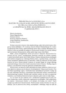 PRZEM&Oacute;WIENIE INAUGURACYJNE REKTORA WYŻSZEGO SEMINARIUM DUCHOWNEGO W ŁODZI, KS. DRA JANUSZA LEWANDOWICZA NA ROZPOCZĘCIE ROKU AKADEMICKIEGO 2012/13