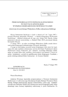 PISMO KONGREGACJI WYCHOWANIA KATOLICKIEGOPO WIZYTACJI APOSTOLSKIEJ WYŻSZEGO SEMINARIUM DUCHOWNEGO W ŁODZI skierowane do arcybiskupa Władysława Ziółka ordynariusza łódzkiego