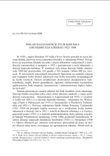 WKŁAD SALEZJANÓW W ŻYCIE KOŚCIOŁA (ARCHI)DIECEZJI ŁÓDZKIEJ 1922–1998