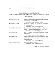WYKAZ PRAC MAGISTERSKICH NAPISANYCH W WYŻSZYM SEMINARIUM DUCHOWNYM W ŁODZI W 1998 ROKU