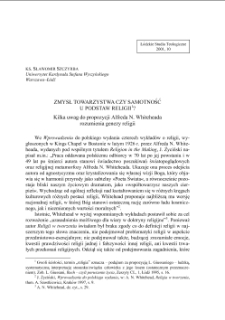 ZMYSŁ TOWARZYSTWA CZY SAMOTNOŚĆ U PODSTAW RELIGII1? Kilka uwag do propozycji Alfreda N. Whiteheada rozumienia genezy religii