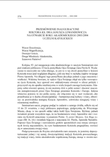 PRZEM&Oacute;WIENIE INAUGURACYJNE REKTORA KS. DRA JANUSZA LEWANDOWICZANA OTWARCIE ROKU AKADEMICKIEGO 2003/2004 UCZELNI KATOLICKICH