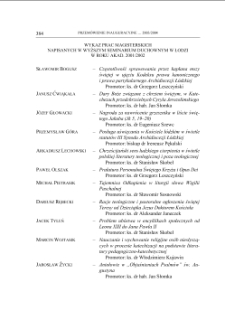WYKAZ PRAC MAGISTERSKICH NAPISANYCH W WYŻSZYM SEMINARIUM DUCHOWNYM W ŁODZI W ROKU AKAD. 2001/2002