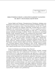 BISKUP BOHDAN BEJZE LAUREATEM NAGRODY NAUKOWEJ IM. IRENY I FRANCISZKA SKOWYRÓW