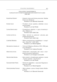 WYKAZ PRAC MAGISTERSKICH NAPISANYCH W WYŻSZYM SEMINARIUM DUCHOWNYM W ŁODZI ROK 2004