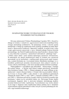 DUSZPASTERZ WOBEC WYZWAŃ KULTURY POLSKIEJ PO SOBORZE WATYKAŃSKIM II