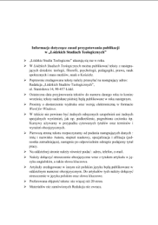 Informacje dotyczące zasad przygotowania publikacji w „Łódzkich Studiach Teologicznych”